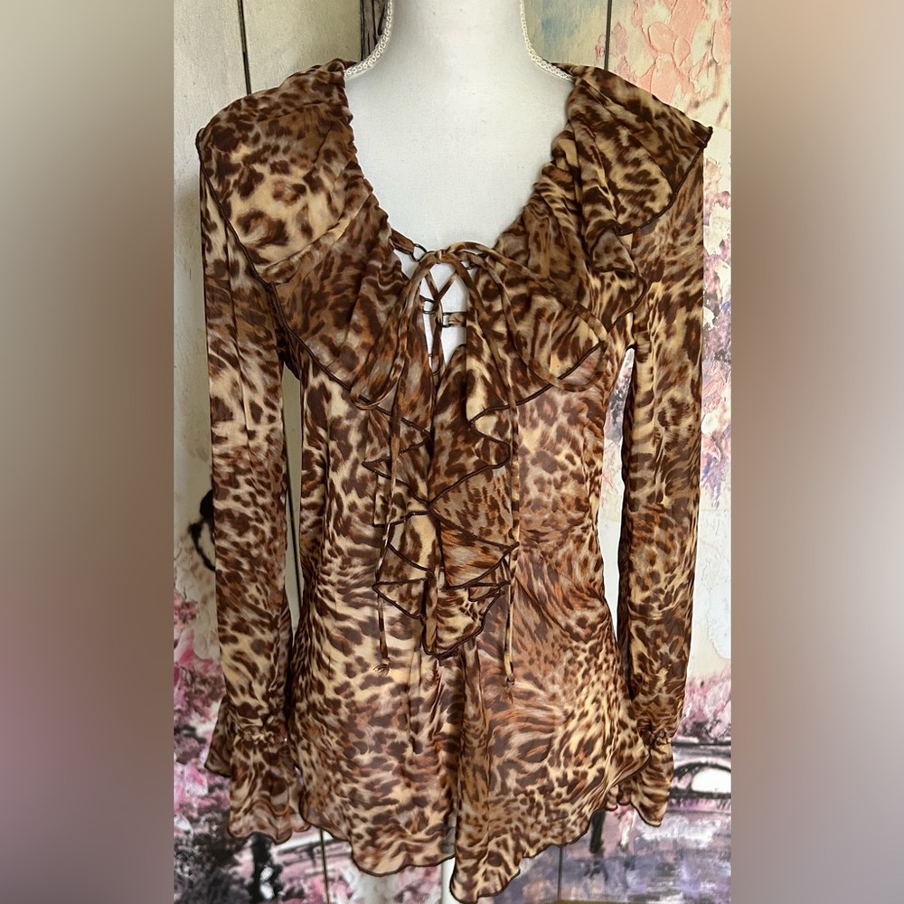 Arden B - Leopard Print Lace up Front Ruffle Blouse. Size S